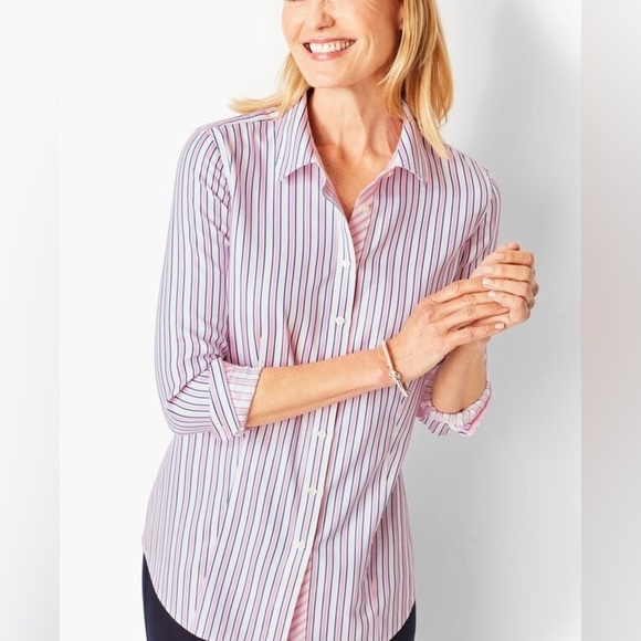 Talbots Perfect Shirt Pink Blue Preppy Stripe Fitted Button Up Shirt Non Iron 10 - Picture 2 of 16